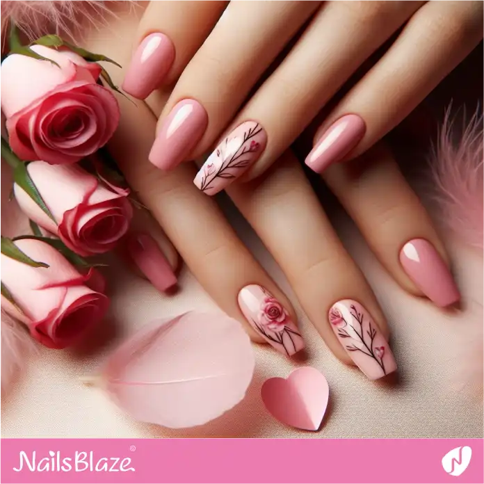 Light Pink Nails with Roses | Valentine Nails - NB2644